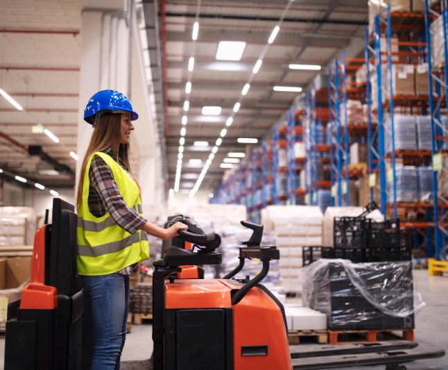 Warehouse worker operating forklift